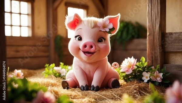 Obraz Cute animated pig character with a flower in a cozy barn setting during daytime