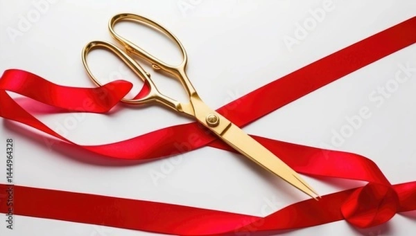 Obraz Gold scissors cutting through a vibrant red ribbon against a clean white backdrop, perfect for celebration themes and announcements.