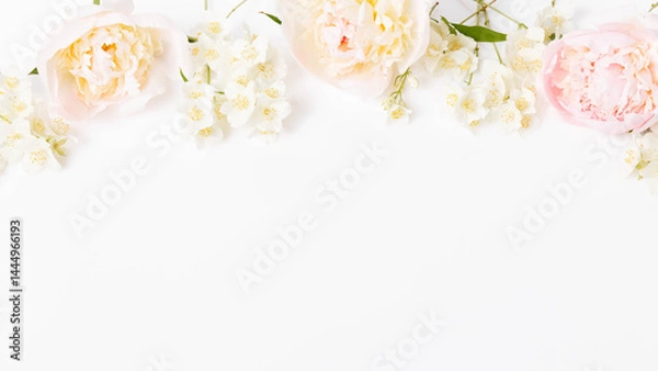Fototapeta Minimal floral banner with soft pastel peonies and blooming jasmine arranged along the top edge on clean white background. For spa branding, wedding invitation, skincare packaging, promotional layouts