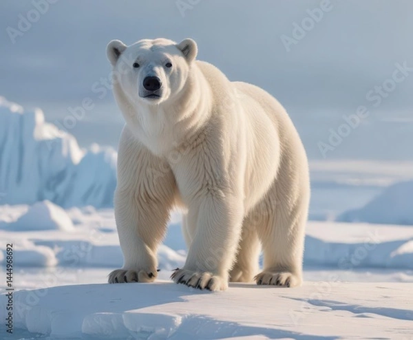 Obraz Albino polar bear stands on arctic ice floe, sunlit fur ,  wildlife,  global warming
