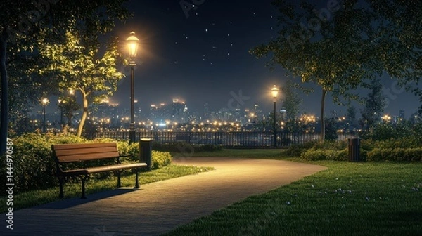 Fototapeta Serene night scene showcasing a bench overlooking a distant city skyline