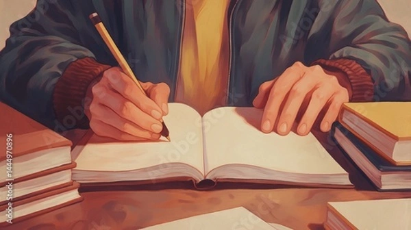Fototapeta AI Powered Tutoring, A person is writing in a notebook at a desk surrounded by books, focused on studying or taking notes.