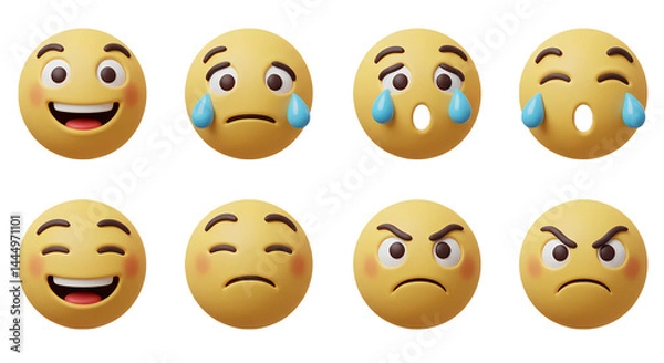 Fototapeta A variety of 3D emoji faces expressing emotions from joy to anger and sorrow, rendering of digital icons on a clean black background.