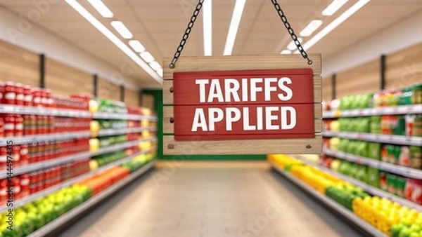 Fototapeta A grocery store aisle with a sign reading "TARIFFS APPLIED" hanging in the foreground.