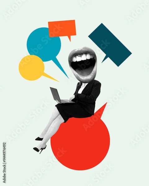 Fototapeta Conceptual art design. Digital Dialogue. Woman with laptop and oversized mouth surrounded by speech bubbles representing digital chatter. Concept of communication, propaganda, opinion, journalism.