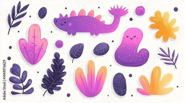 Fototapeta Whimsical Folk Art Illustration of Mythical Beasts and Bright Floral Elements