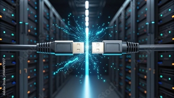 Obraz cybersecurity malware resilience, Two USB cables connect with a burst of light in a modern data center, symbolizing high-speed data transfer and digital connectivity.