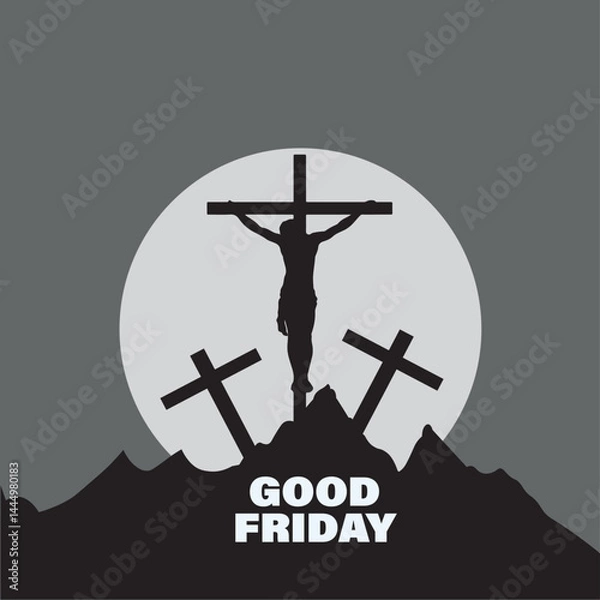 Fototapeta The black silhouette of a crucifix against the sky is a powerful religious symbol of Christian faith and God, often seen as an icon on a church or as a vector illustration representing Christ's sacrif