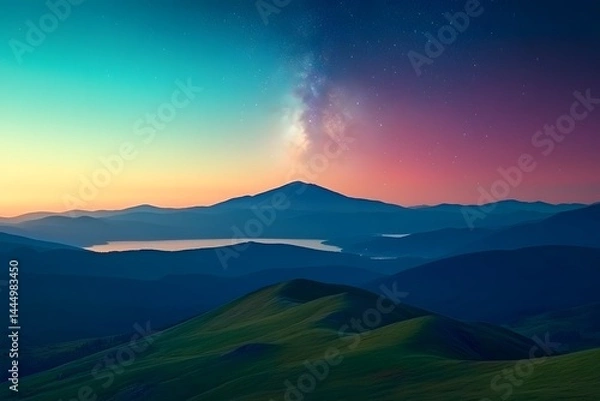Fototapeta Serene Sunset over Mountain Range with Milky Way Galaxy Night Sky Scenic View