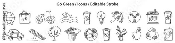 Fototapeta Set of Go Green icons in doodle style, line design, editable stroke, vector illustration