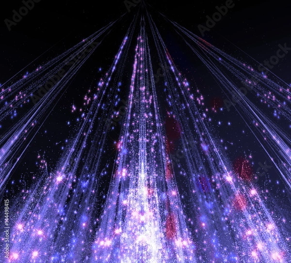 Fototapeta Abstraction with laser beams and flare sparks and the stars are shining in the darkness, monochrome light descends in the form . abstraction-based fractal graphics