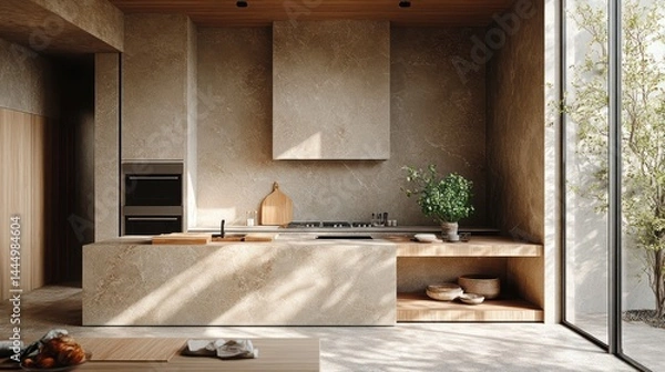 Fototapeta Minimalist kitchen interior with stone surfaces and natural light streaming through window