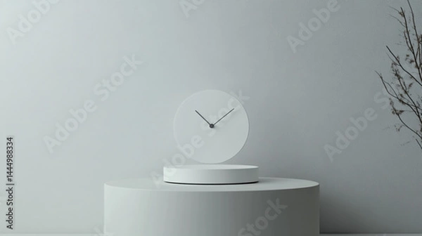 Fototapeta 3D of a simple, minimalistic clock on a white background, in white color
