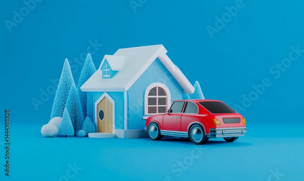 Fototapeta 3D model of a house and car with a search bar on a blue background, in a minimalistic style