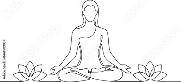Fototapeta  Continuous single line drawing of a woman meditating in lotus pose with closed eyes surrounded by delicate floral elements in a minimalist style