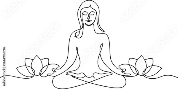 Fototapeta  Continuous single line drawing of a woman meditating in lotus pose with closed eyes surrounded by delicate floral elements in a minimalist style