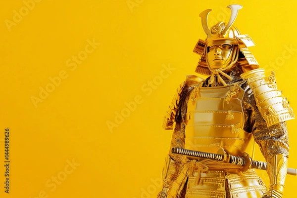 Fototapeta 3D render of a samurai in golden armor on a yellow background. Minimalist concept, studio shot with copy space for banner design