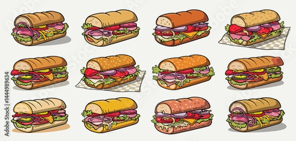 Fototapeta Twelve Delicious Sub Sandwiches Illustration