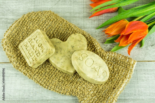 Obraz Handmade lavender soap with tulips and other accessories