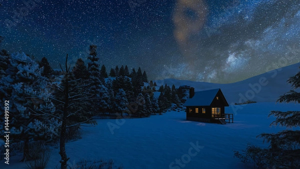 Obraz A cabin among the winter trees