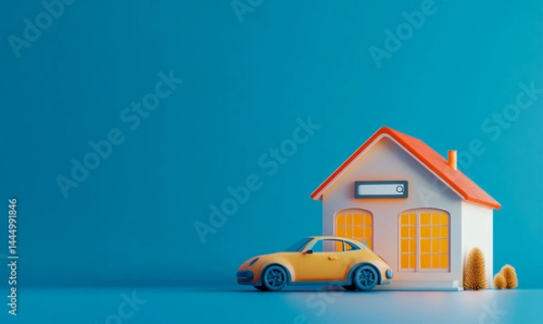 Fototapeta 3D model of a house and car with a search bar on a blue background, in a minimalistic style