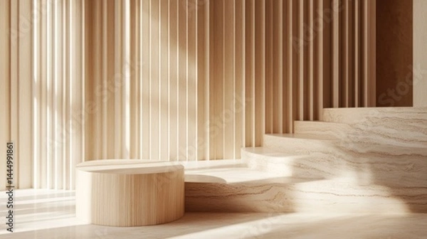 Fototapeta Beige Minimalist Wooden And Stone Product Display Platform