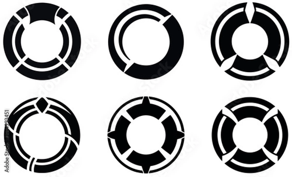Obraz Life Ring Vector Icon Set – Nautical Lifebuoy Safety Symbols in Black and White