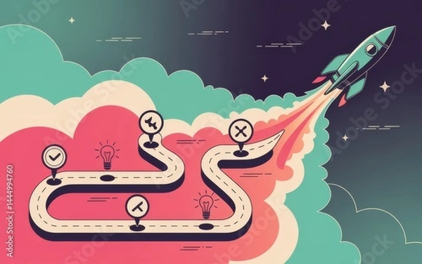 Fototapeta Rocket Launch Startup Journey Path to Success with Business Milestones