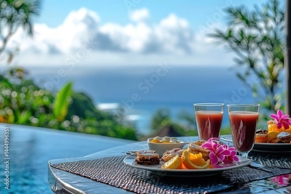 Obraz Healthy Meal with Juice, Fruit, and Cake Plates Served Overlooking Ocean Scenery