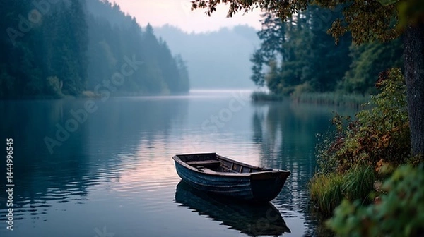 Fototapeta Serene lake rowboat at misty dawn