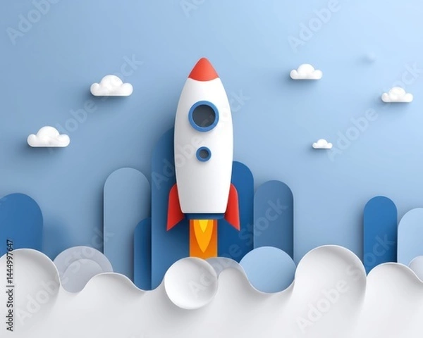 Obraz A paper-cut style rocket launches into the sky among clouds and blue abstract shapes, creating a playful and imaginative scene.