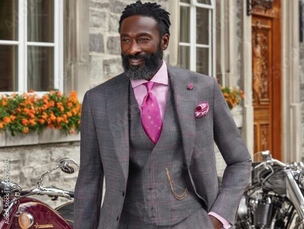 Obraz A stylish man in a patterned suit with a pink tie stands outdoors by vintage motorcycles and a stone building with flowers.