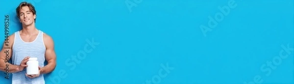 Obraz A fit young man in a tank top holds a large white container against a bright blue background.