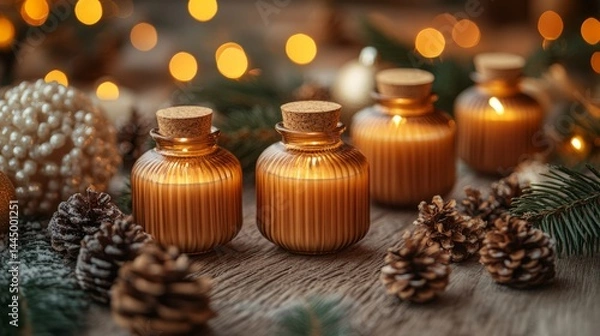Fototapeta A beautiful still life featuring natural pine-infused cream in elegant bottles, surrounded by pine cones, showcasing the homemade essence and health benefits of organic skincare products.