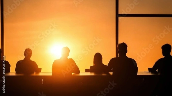 Fototapeta Silhouette of people sitting at a table with the sunrise