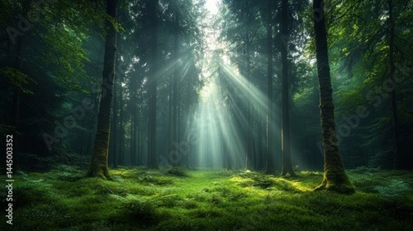 Fototapeta Sunlight streams through misty forest