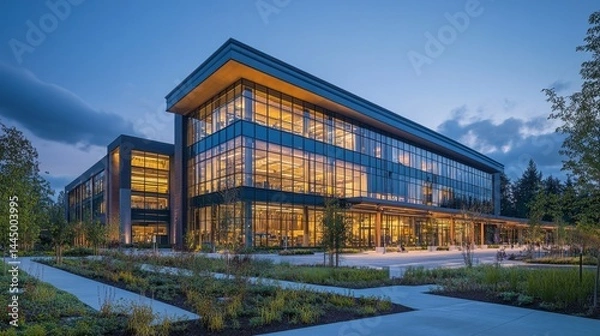Fototapeta A large tech manufacturing complex stands prominently with advanced architecture. Windows reflect warm light as surrounding greenery enhances the tranquil atmosphere at twilight