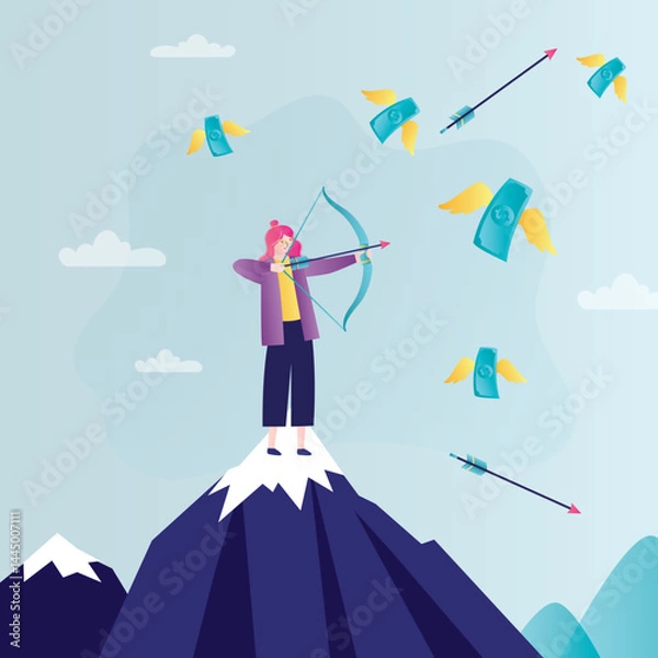 Obraz Businesswoman standing on cliff, female character uses bow and arrows for take profit. Confident woman with bow and arrows shoots to money target