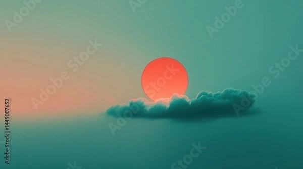 Fototapeta A vibrant red sun partially obscures itself within the clouds