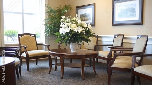 Fototapeta Spacious, inviting waiting area with comfortable seating and a centerpiece of white flowers
