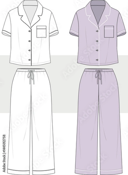 Obraz Women's pajamas notch collar top and relaxed fit pants set fashion drawing, technical flat sketch illustration. Nightwear, home wear , lounge wear set for women. Cad, Mockup. 