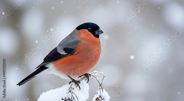 Fototapeta Red Bullfinch Perched on Snow Covered Branch in Winter