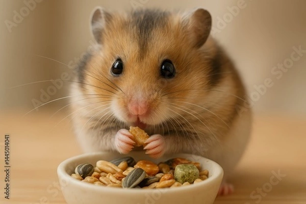 Fototapeta Hamster holding food and eating near bowl of seeds on wooden table, close-up pet portrait with neutral background