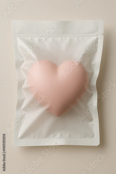 Obraz Cute pastel pink heart wrapped in a vacuum plastic bag. Love and feelings concept. Heart shaped candy or cake.