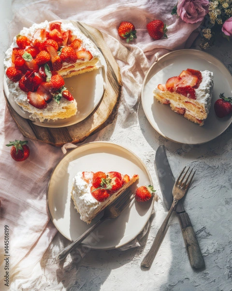 Fototapeta Rustic Wooden Table Adorned With a Delightful Strawberry Cake, Inviting Moments of Joy and Taste