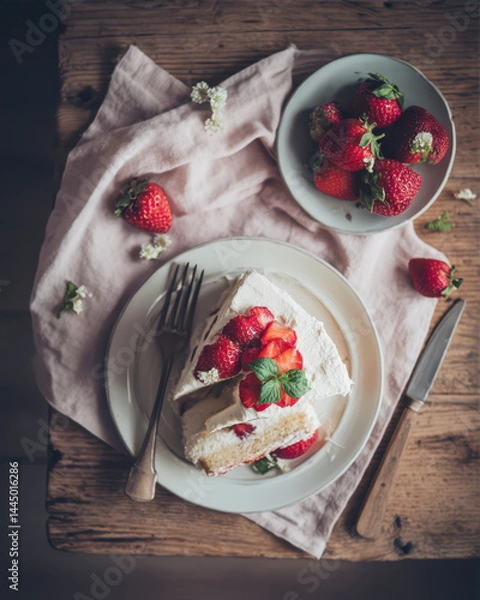 Fototapeta Delightful Strawberry Cake Served on a Rustic Wooden Table With Fresh Strawberries and a Soft Pink Cloth