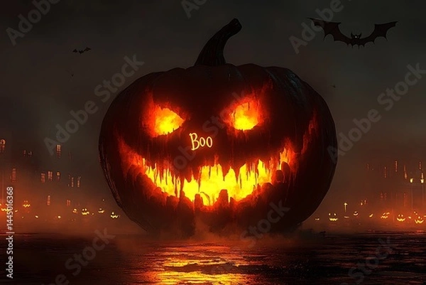 Obraz Glowing jack-o'-lantern, "Boo," city backdrop