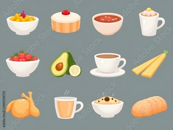 Obraz A set of colorful food and drink icons including bowls, cake, sushi, avocado, bread, coffee, and roasted chicken, representing various meals and ingredients.