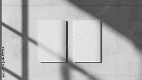 Obraz Two empty white vertical rectangle poster mockups with soft shadows on neutral light grey concrete wall background. Flat lay, top view.