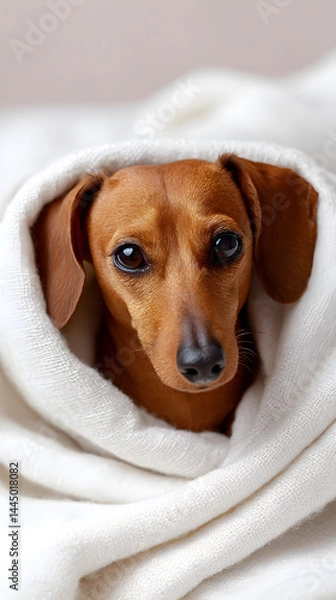 Obraz Dachshund puppy nestling comfortably within soft white blanket, embodying canine coziness and gentle warmth against cool background